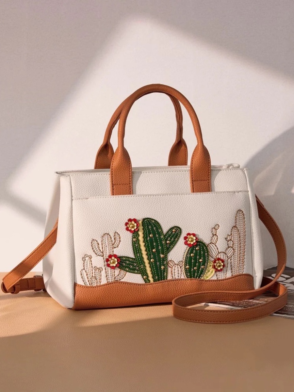 Montana West Cactus Embellished Crossbody Bag Beige